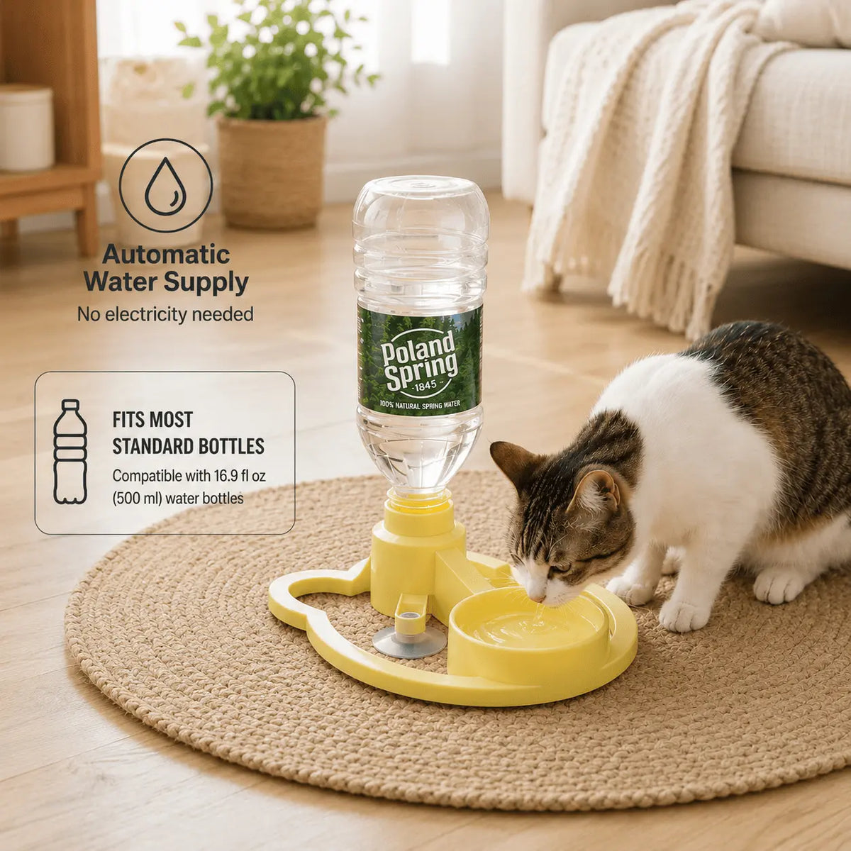 Yellow gravity pet water dispenser on a woven rug with an inverted water bottle and a black and white cat drinking from the bowl
