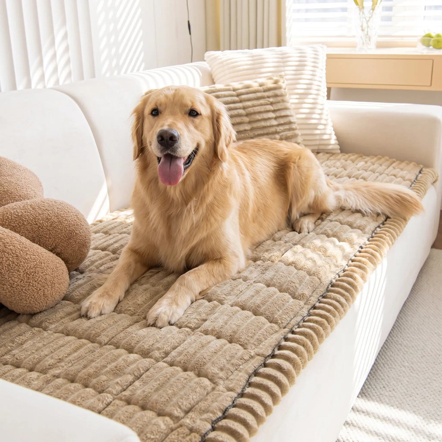 Gray Noblias plush pet sofa cover with non-slip backing, soft and washable, designed to protect and enhance your pet's sofa.