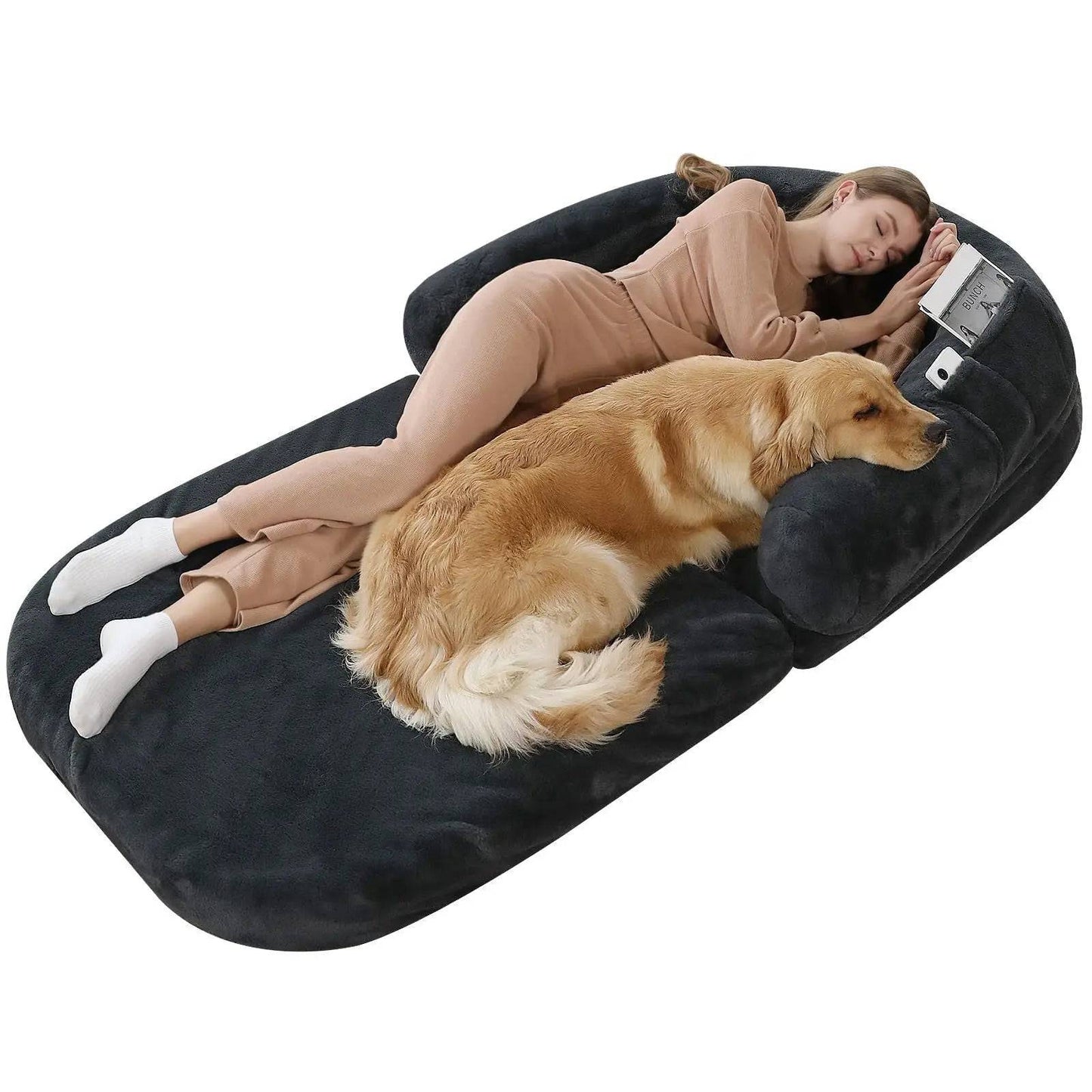 Gray giant dog bed for humans by Noblias, plush orthopedic lounger with soft, cushioned surface for comfortable relaxation.