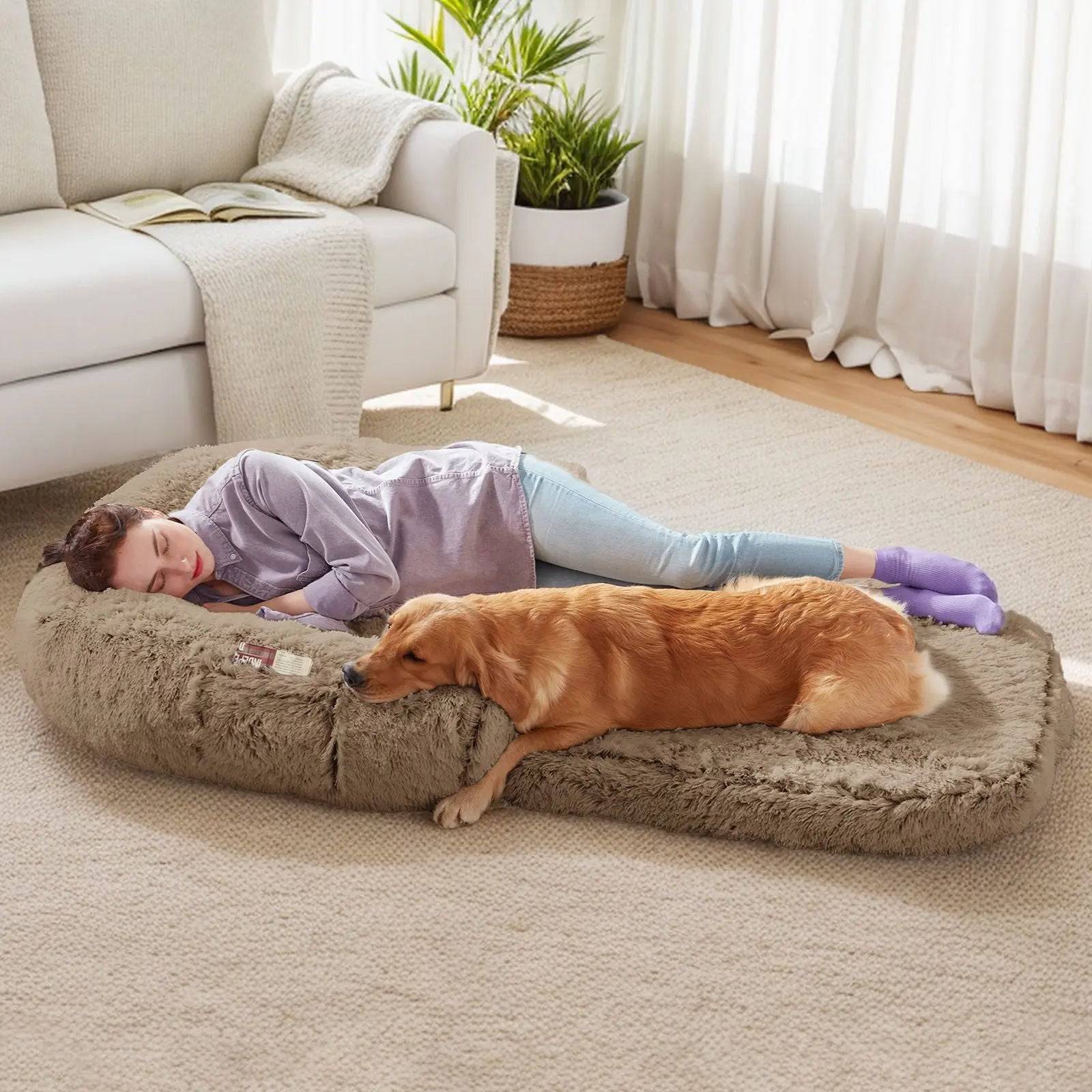 Noblias giant plush dog bed for humans, orthopedic design with soft cushioning and supportive surface for comfort and relaxation.