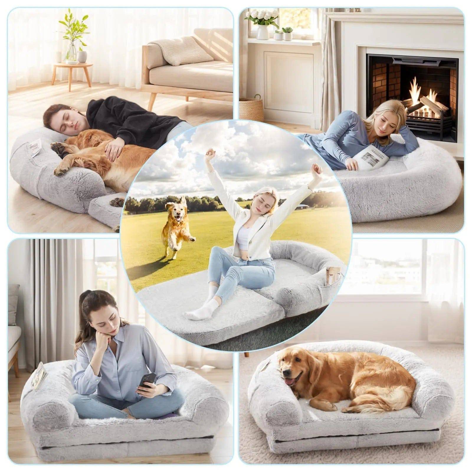 Noblias giant plush dog bed for humans, orthopedic lounger with soft, cushioned surface ideal for relaxing or napping.