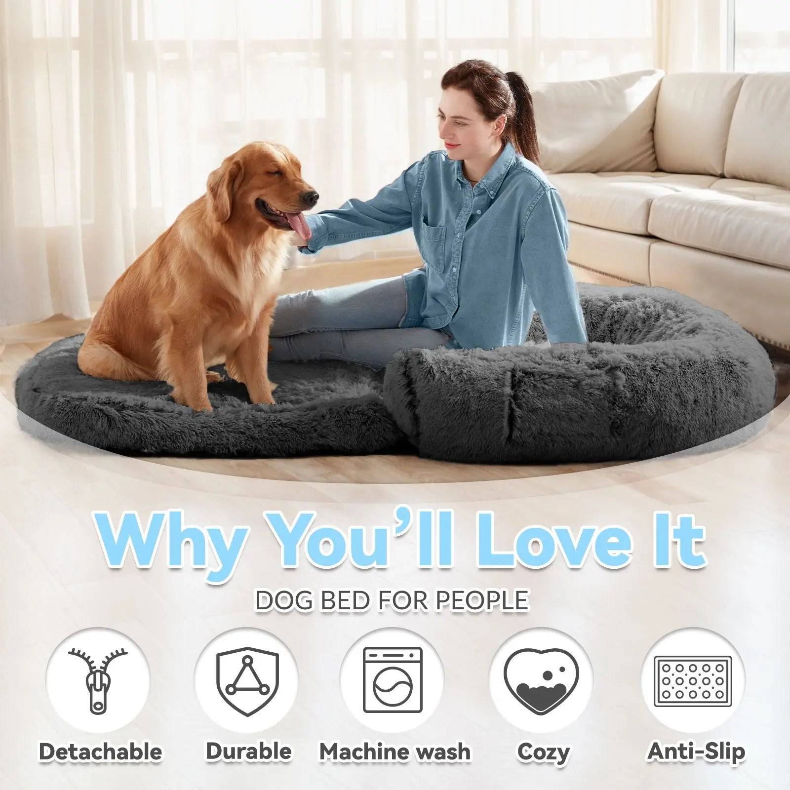 Noblias giant dog bed for humans, plush orthopedic lounger with soft cushioning and supportive design for relaxing comfort.