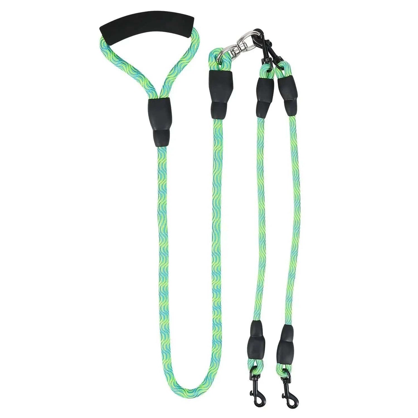 Green Noblias dual dog leash with no-tangle design, reflective strip, and padded handle for comfortable walking.