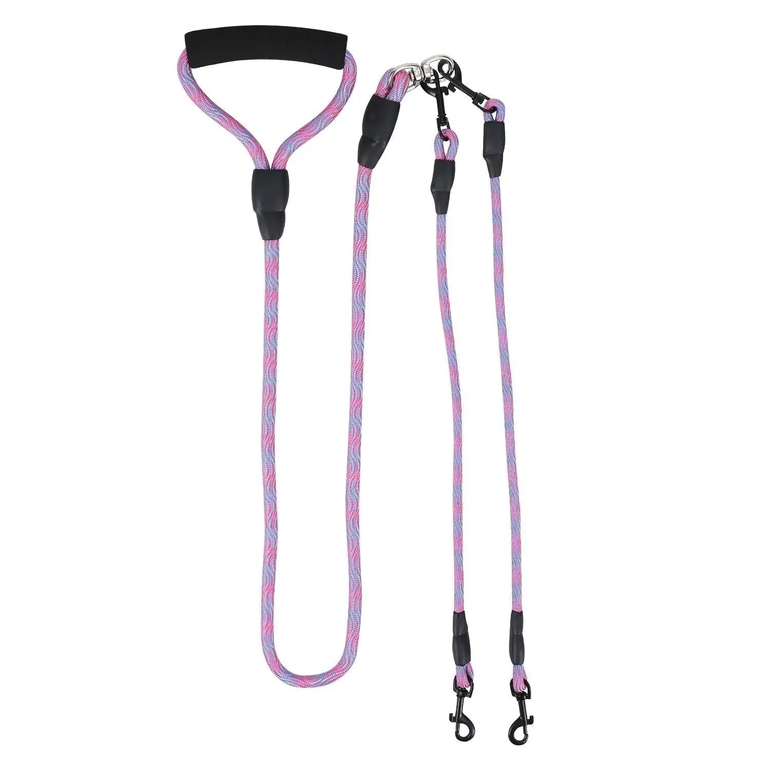 Noblias dual dog leash with no-tangle design, reflective material, and padded handle for comfortable walking with two dogs.