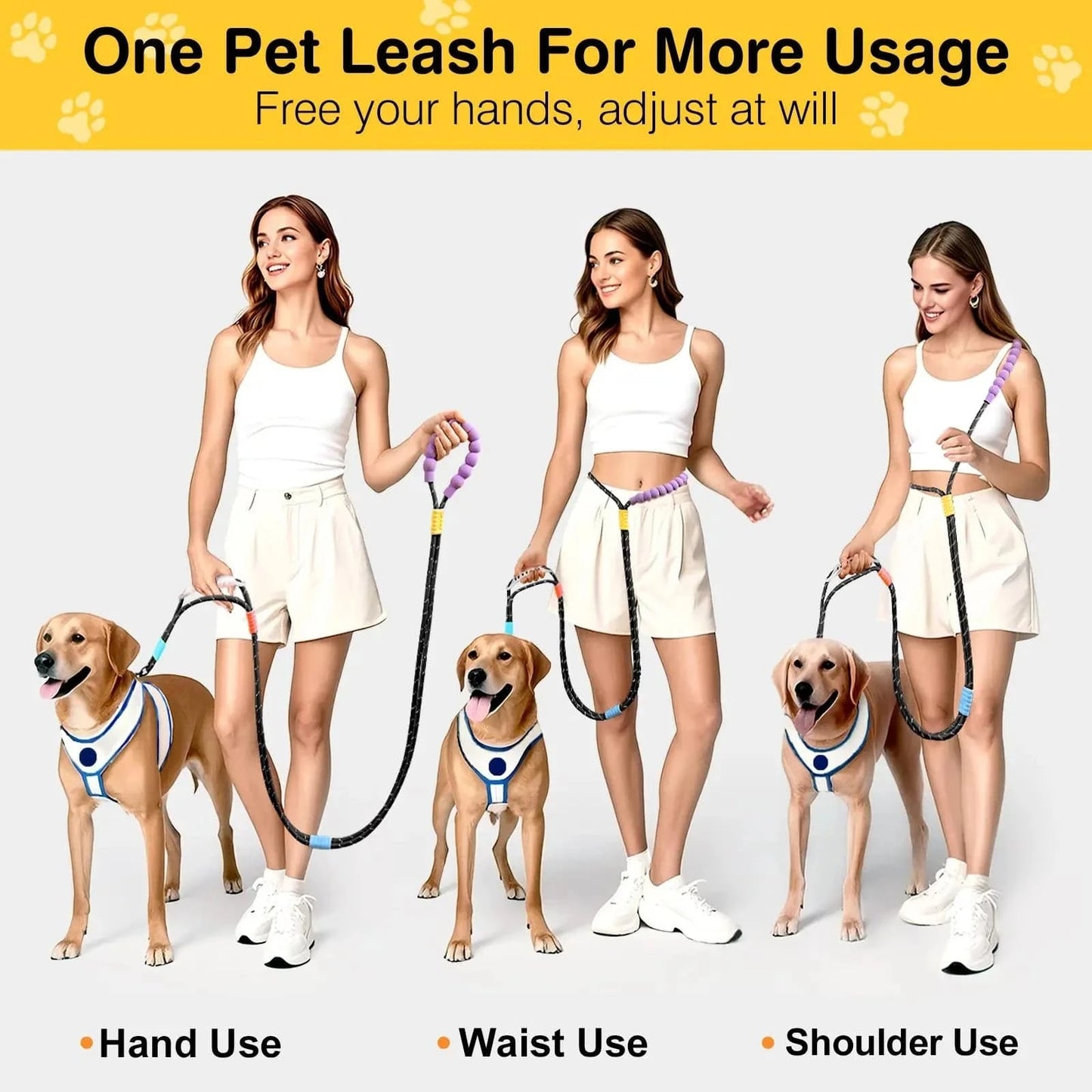 Noblias hands-free dog leash attached around waist, adjustable for walking, jogging, or hiking with a comfortable grip.