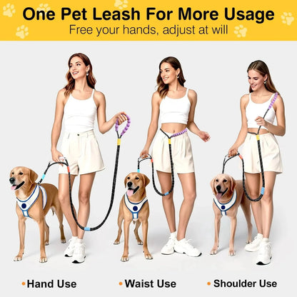 Noblias hands-free dog leash attached around waist, adjustable for walking, jogging, or hiking with a comfortable grip.