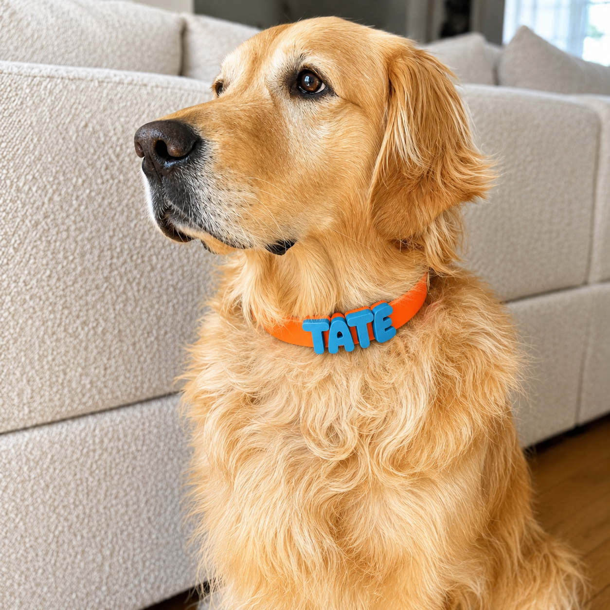 Green and yellow waterproof dog collar by Noblias with customizable name charms and durable design.