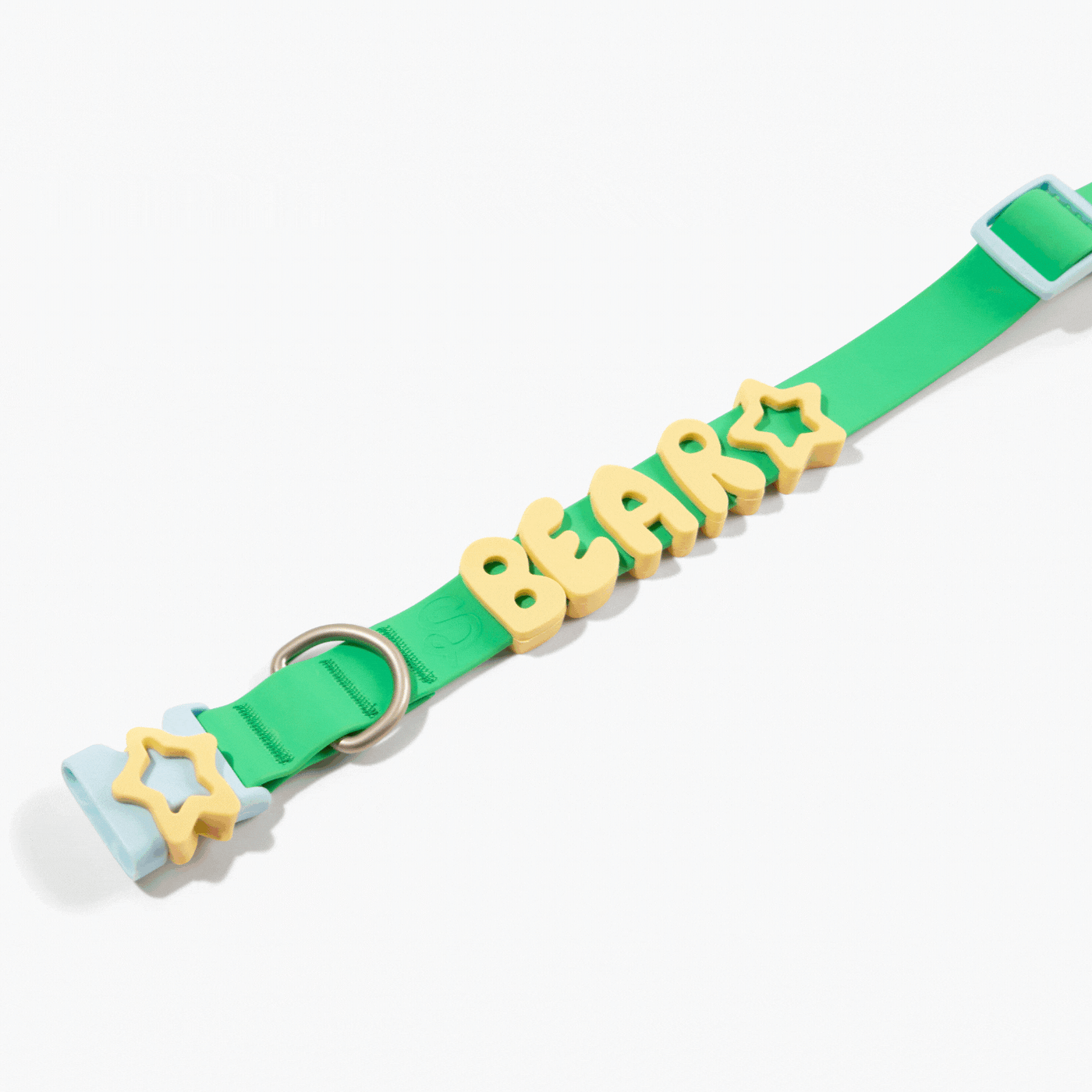 Green and yellow waterproof dog collar with customizable name charms from Noblias, featuring secure buckle and reflective accents.