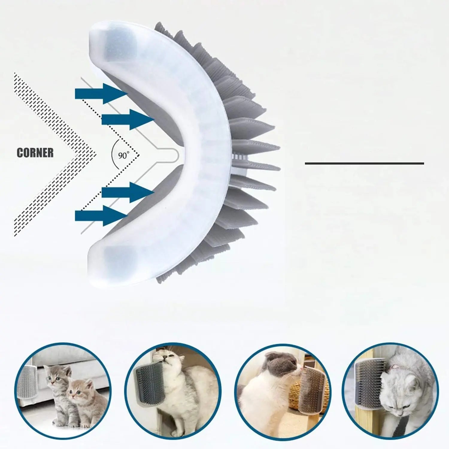 Grey Noblias pet grooming brush with corner massage tool for cats and dogs, designed for gentle self-grooming and brushing.