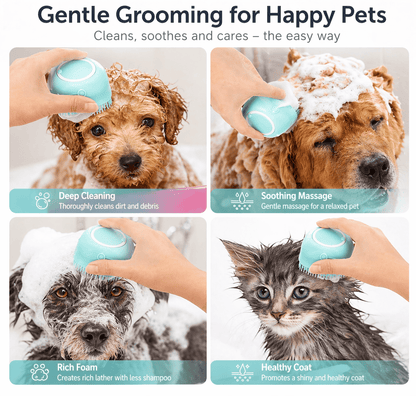 Two dogs being washed with the Noblias handheld silicone bath brush, showing deep cleaning and a soothing massage.