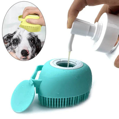 Shampoo being poured into the open lid of the mint green Noblias handheld silicone dog bath brush.