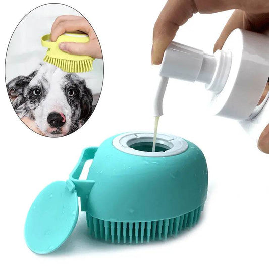 Shampoo being poured into the open lid of the mint green Noblias handheld silicone dog bath brush.