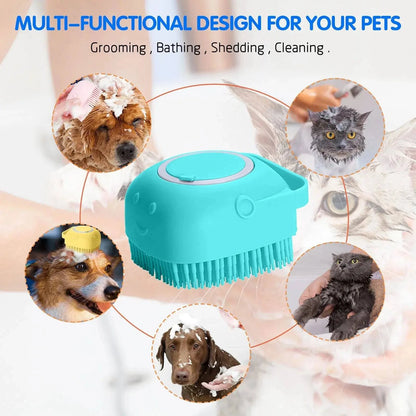 The Noblias handheld silicone bath brush shown for grooming, bathing, shedding and cleaning on both dogs and cats.