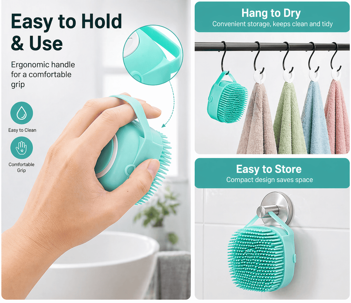 The Noblias handheld dog bath brush held in a palm, and hung on a rail and a wall hook to dry.