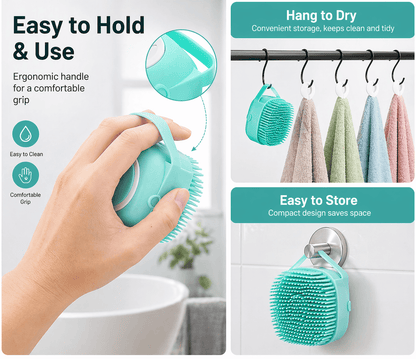 The Noblias handheld dog bath brush held in a palm, and hung on a rail and a wall hook to dry.