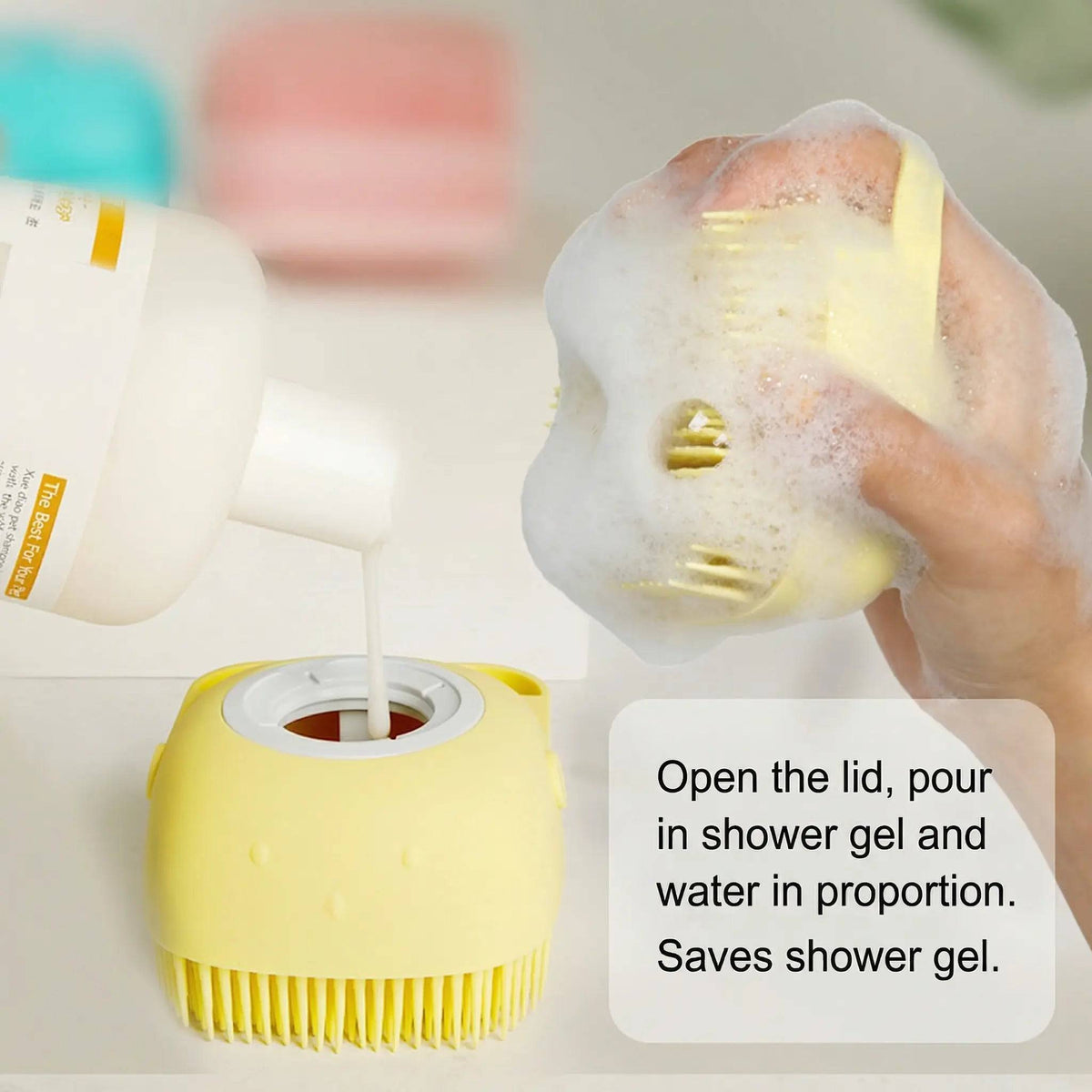 Thick lather coming up through the silicone bristles of the yellow Noblias handheld dog bath brush.