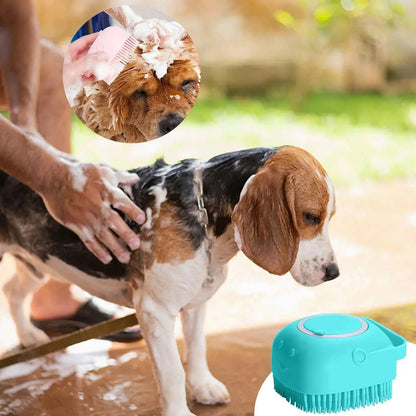 Beagle being lathered with the mint green Noblias handheld silicone dog bath brush outdoors.
