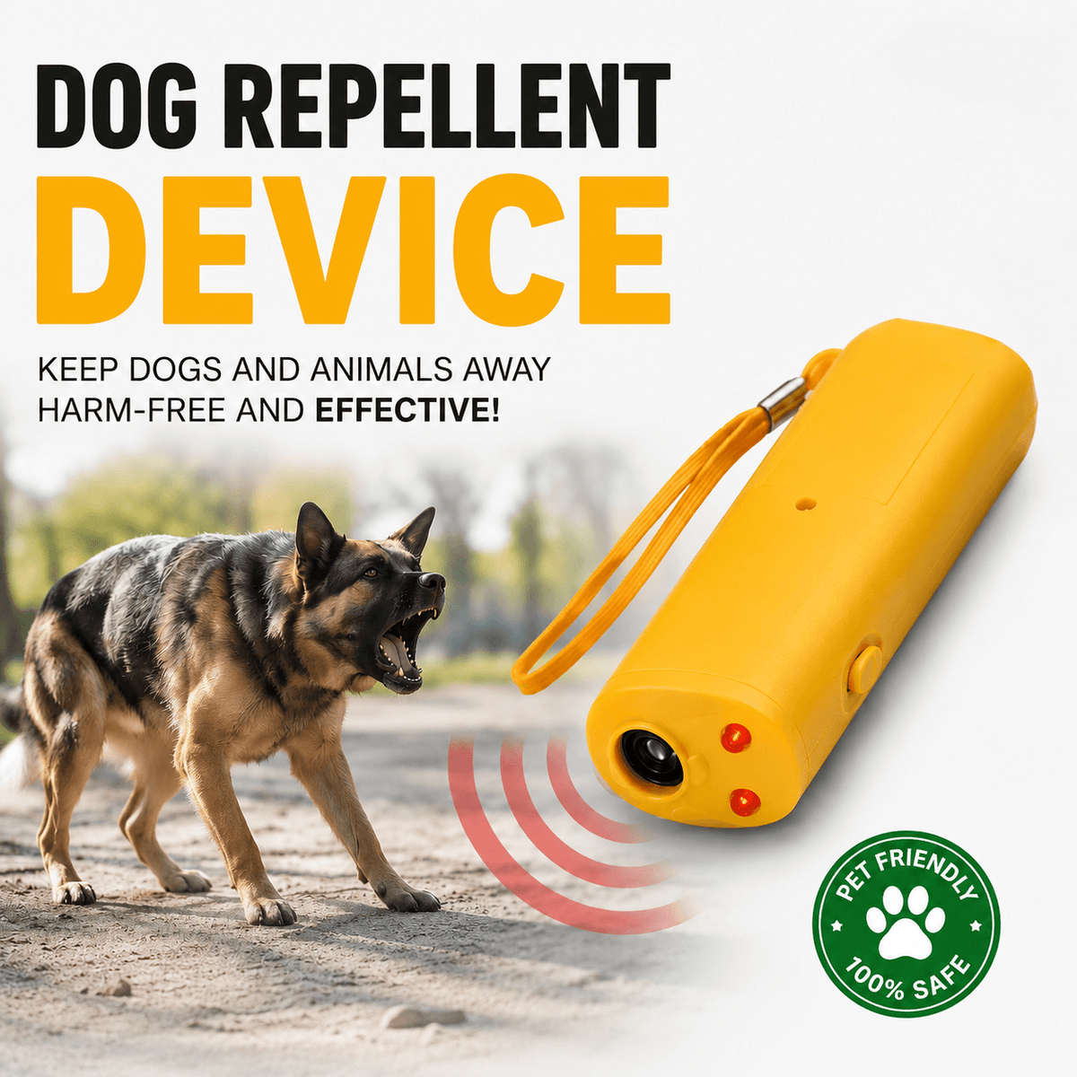 The yellow deterrent held toward a snarling shepherd on a path, with sound waves drawn between them.