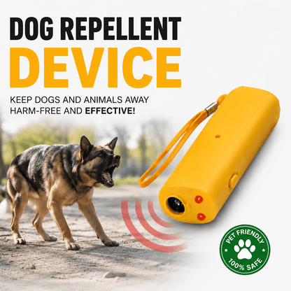The yellow deterrent held toward a snarling shepherd on a path, with sound waves drawn between them.