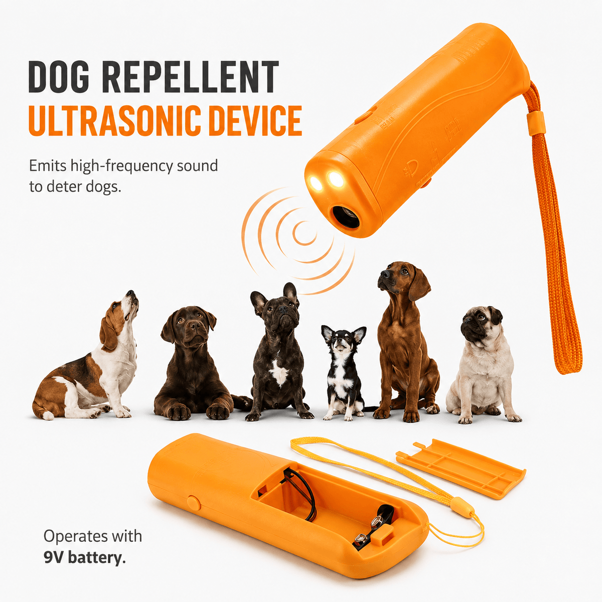 The orange deterrent above a row of six dogs of different breeds, with the unit shown again from the side and from the back.