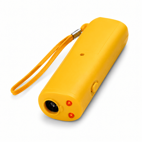 Yellow handheld deterrent with a wrist strap, a lens at the front and two small indicator lights, on a white background.