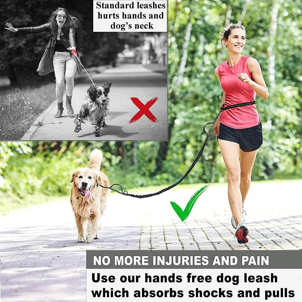 Comparison image showing a standard leash pulling on a dog's neck marked with a red cross, and a woman jogging with a Golden Retriever on the hands free bungee leash marked with a green tick