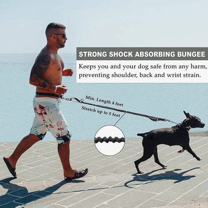 Strong shock absorbing bungee infographic showing a runner and dog on a seafront path with the leash at a minimum length of 4 feet stretching up to 5 feet to prevent shoulder, back and wrist strain