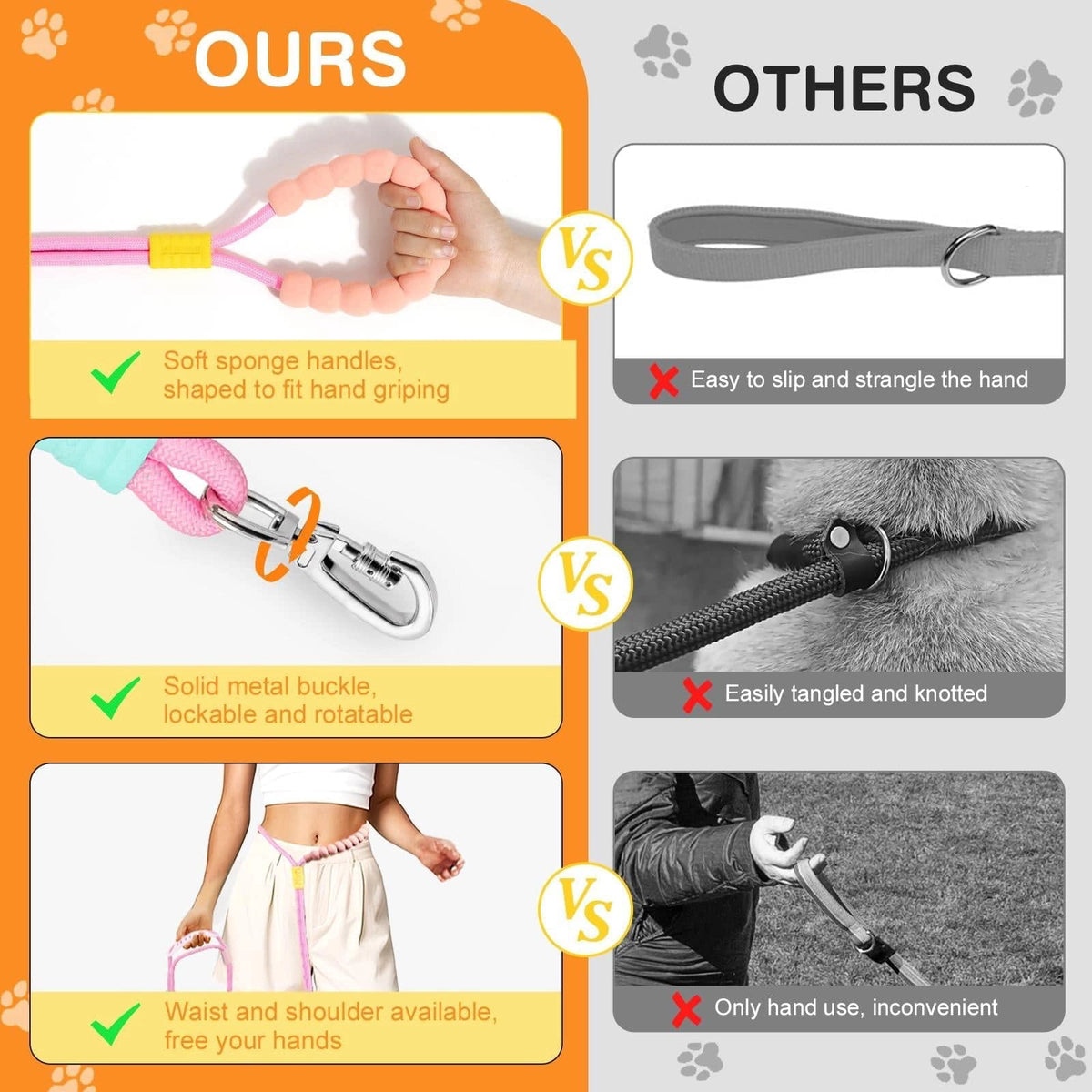 The Noblias hands free dog leash compared with an ordinary leash on handle grip, clip type and whether it can be worn on the waist or shoulder.