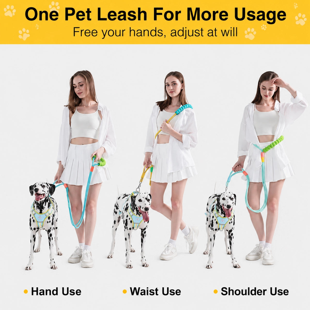 The Noblias hands free dog leash worn three ways with a Dalmatian: held in the hand, looped around the waist and slung over the shoulder.