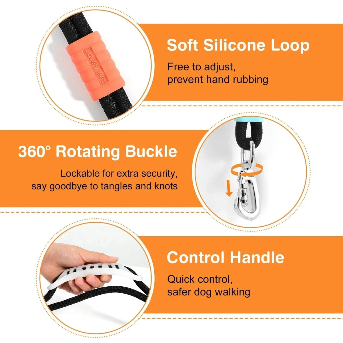 Three features of the Noblias hands free dog leash: the adjustable soft silicone loop, the lockable 360 degree rotating buckle and the padded control handle.