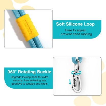 Close ups of the Noblias hands free dog leash showing the sliding stopper on the silicone loop and the locking 360 degree swivel clip.