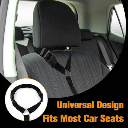 Black strap looped around a car headrest post, labeled universal design that fits most car seats