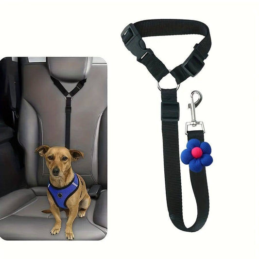 Black Noblias headrest dog seat belt clipped to a dog's harness in the back seat, with the strap and swivel hook shown beside it
