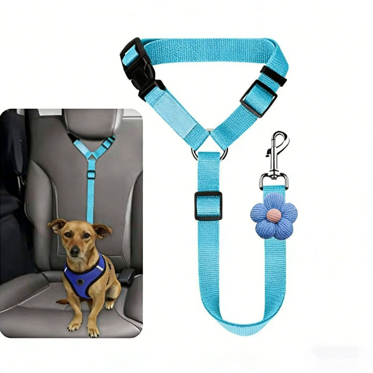Blue headrest dog seat belt on a harnessed dog in the back seat, with the strap shown beside it
