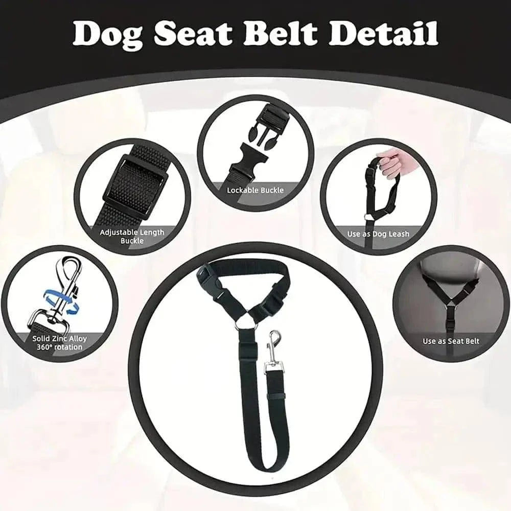 Detail callouts on the dog seat belt: adjustable length buckle, lockable buckle, solid zinc alloy swivel hook, use as a leash or as a seat belt