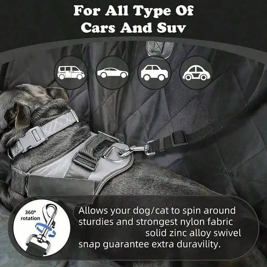 Harnessed dog restrained by the headrest seat belt on a back seat, labeled for all types of cars and SUVs with a full rotation swivel snap