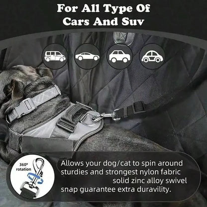 Harnessed dog restrained by the headrest seat belt on a back seat, labeled for all types of cars and SUVs with a full rotation swivel snap