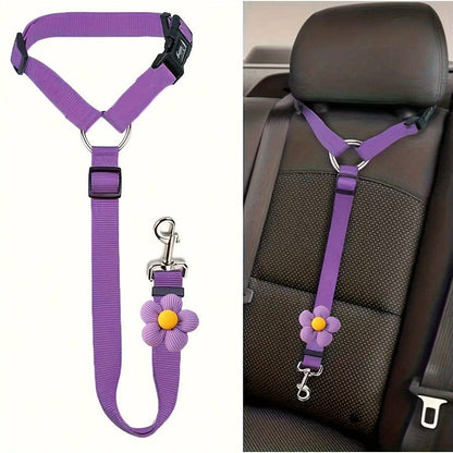 Purple headrest dog seat belt shown flat and looped around a car headrest