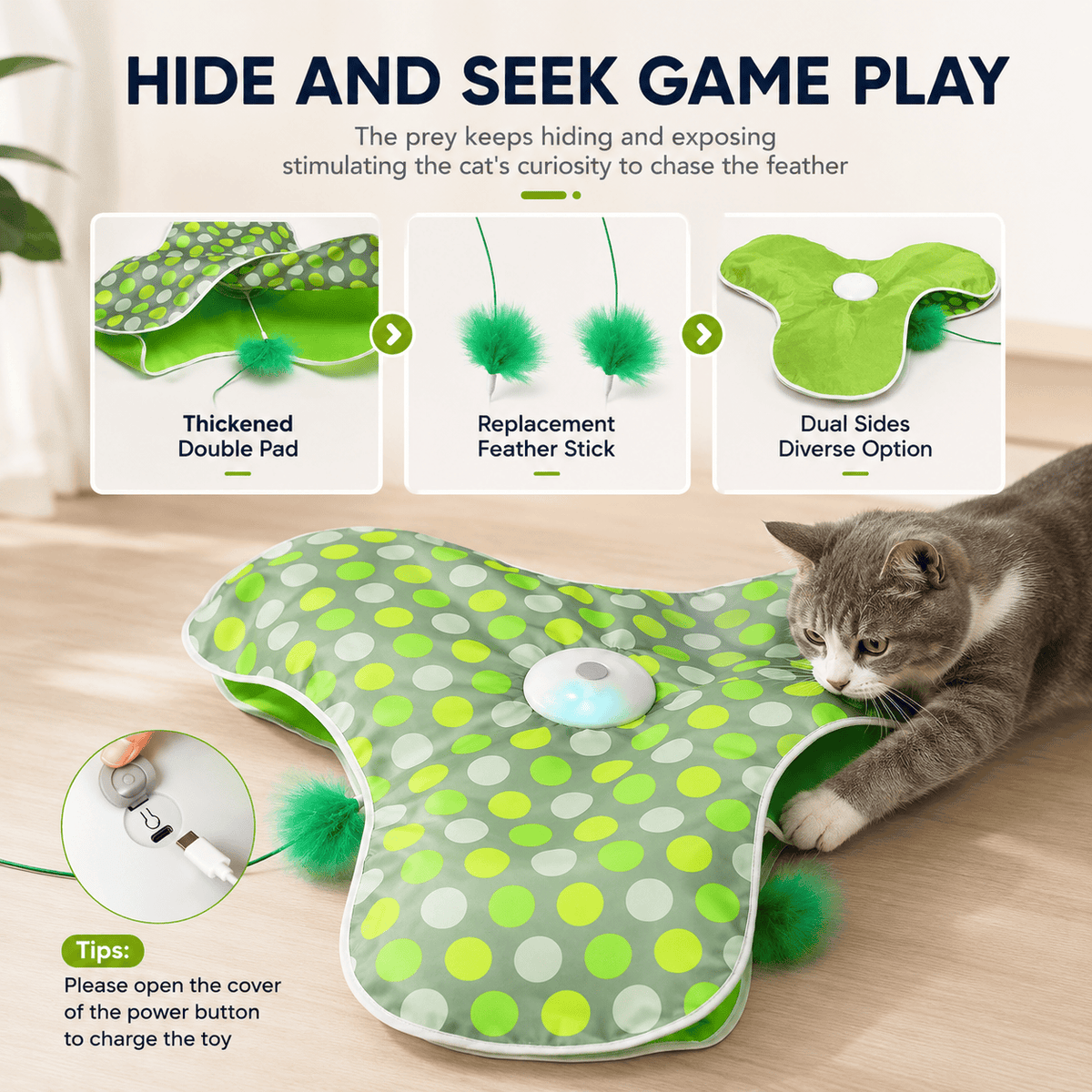 Gray cat stalking the Noblias hide and seek cat toy alongside its thickened double pad, replacement feather stick and reversible dual sided cover.