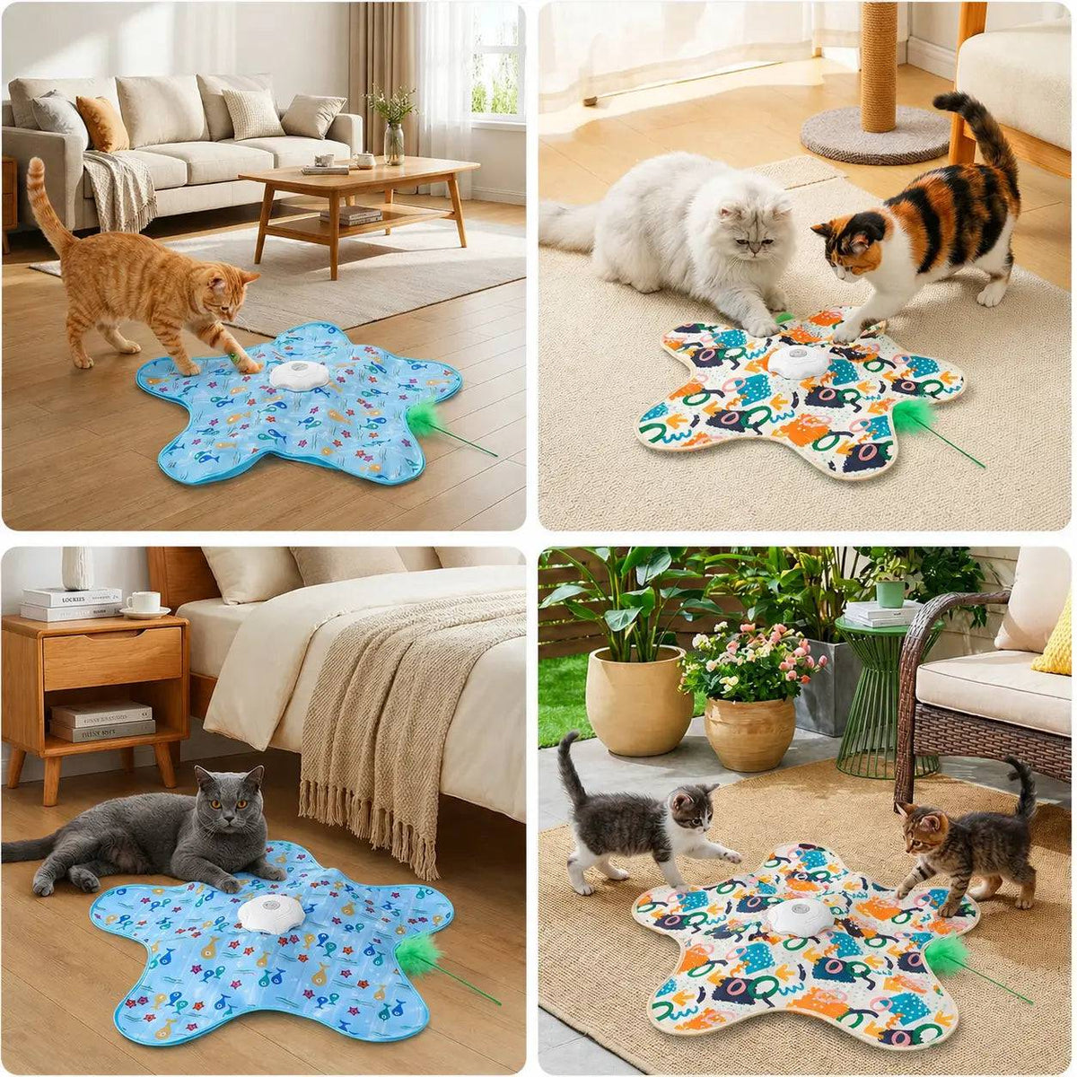 Four-panel lifestyle set showing a ginger cat playing alone on the mat, two cats playing on it together, a gray cat resting on it, and two kittens using it outdoors on a patio