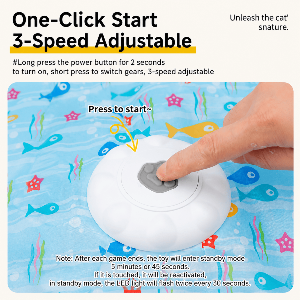 One-click start panel showing a finger on the center button, explaining that a long press of two seconds turns the toy on and a short press switches between the three speeds
