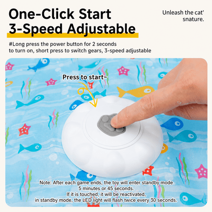 One-click start panel showing a finger on the center button, explaining that a long press of two seconds turns the toy on and a short press switches between the three speeds