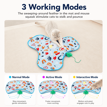 Three working modes panel showing normal mode with slow gentle movement, active mode with faster movement, and interactive motion-activated mode, with a note that the sweeping feather and mouse squeak stimulate cats to stalk and pounce