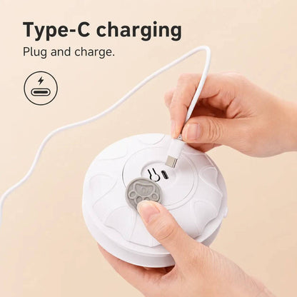 Type-C charging panel showing the white center unit of the cat toy mat with a USB-C cable being plugged into its port
