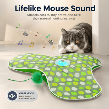 British Shorthair cat watching the Noblias hide and seek cat toy as it plays a lifelike mouse squeak, with a quiet mode note explaining a double press mutes the sound.