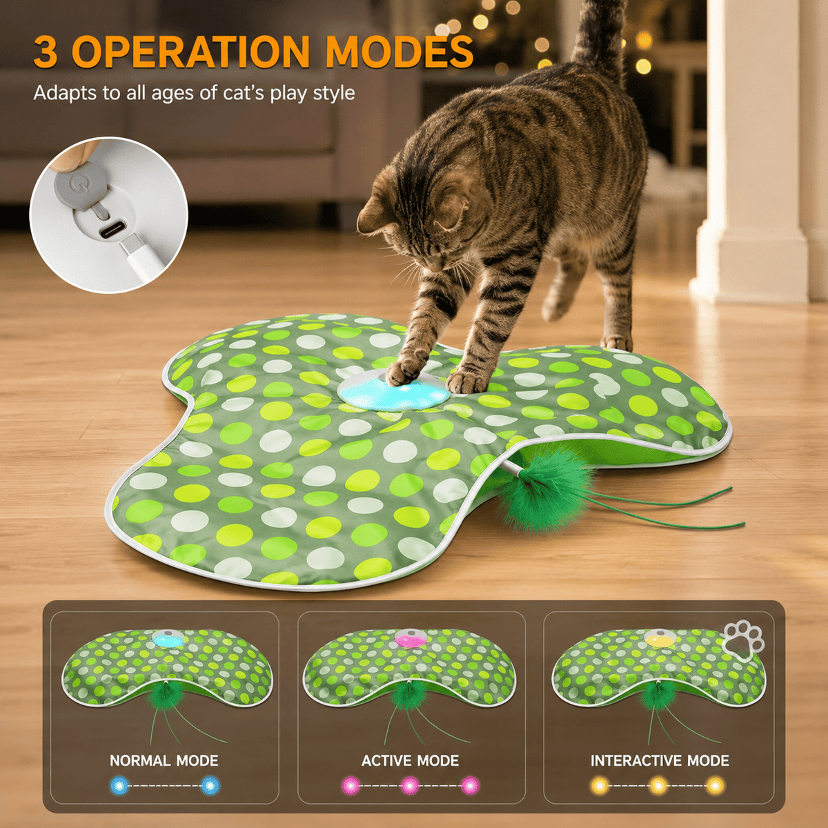 Tabby cat pawing the Noblias hide and seek cat toy beside its three operation modes, normal in blue, active in pink and interactive in yellow.