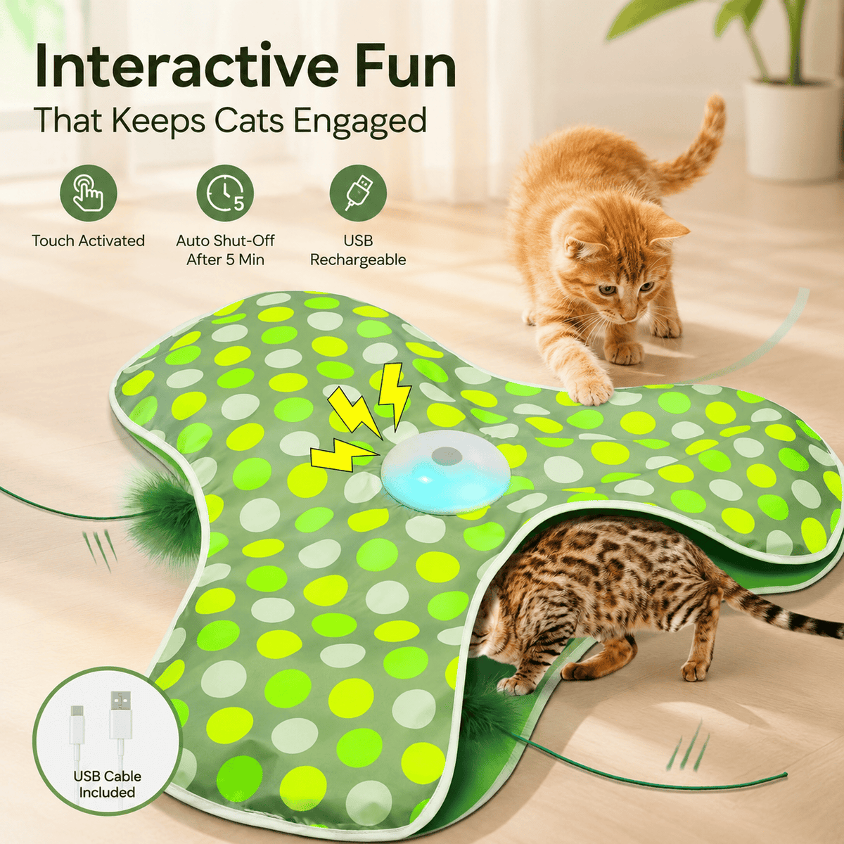 Two cats playing on the green Noblias hide and seek cat toy mat, with badges for touch activated start, automatic shut off after five minutes and USB rechargeable power.