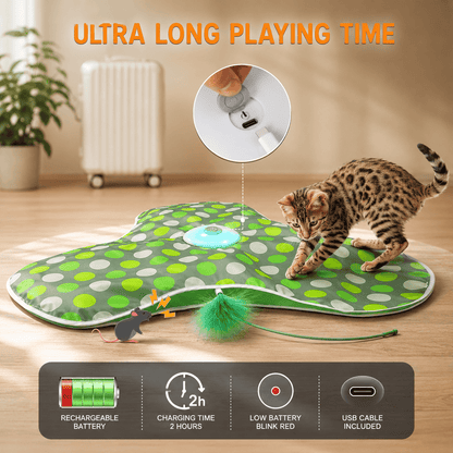 Bengal cat on the Noblias hide and seek cat toy with the rechargeable battery panel showing a two hour charge time, a red blinking low battery light and the included USB cable.