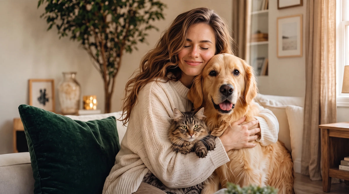 Woman on a sofa hugging her golden retriever and tabby cat at home