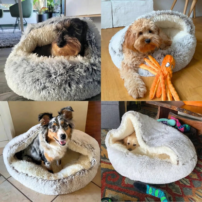 Four different dog breeds using the khaki gray Noblias calming hooded cave pet bed at home.